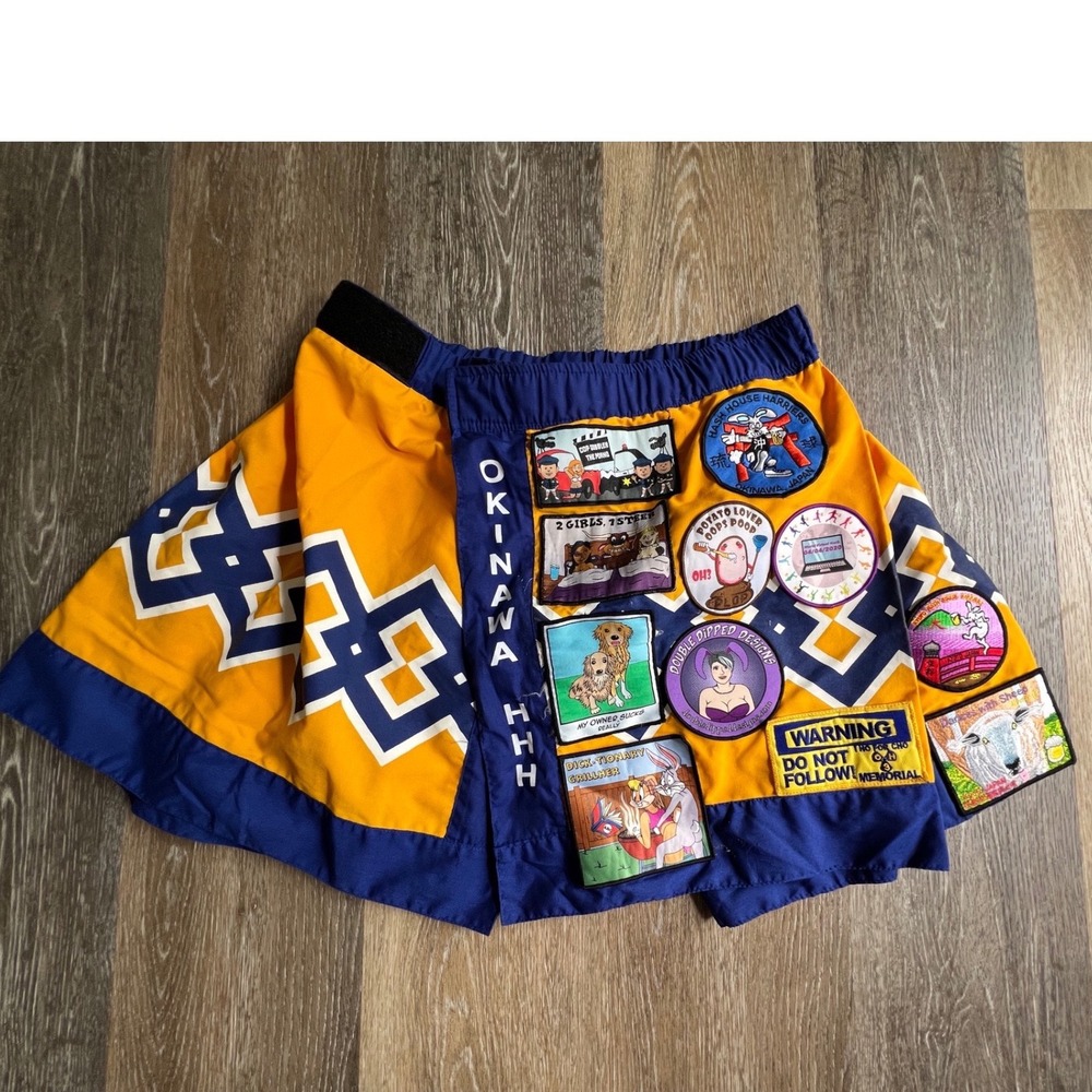 Okinawa HHH Hash House Harriers Running Kilt Skirt Large Yellow Blue Patches Exc